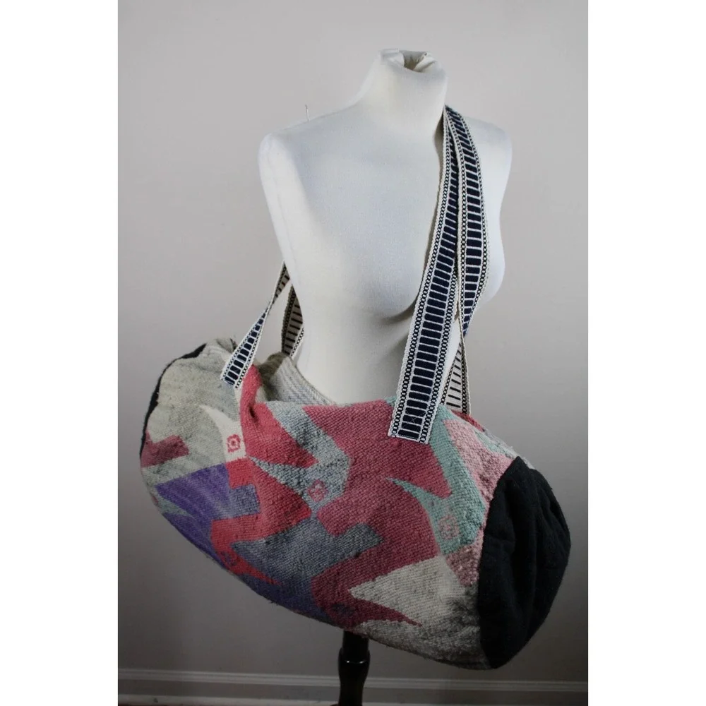 Vtg Mid Century Modern Wool Fabric Geometric Bird Duffle Bag